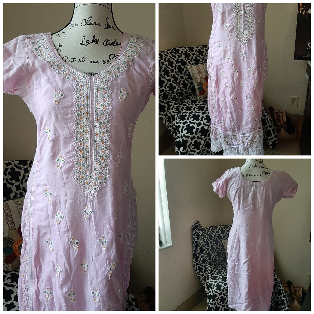 Pink Embroidered Handmade Tunic Dress Indian Boho - Picture 2 of 8
